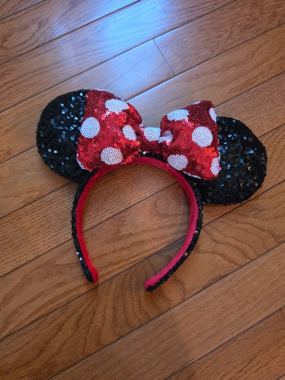 Disney Parks Sequin Minnie Mouse Red White Polka Dots Bow Ears Headband